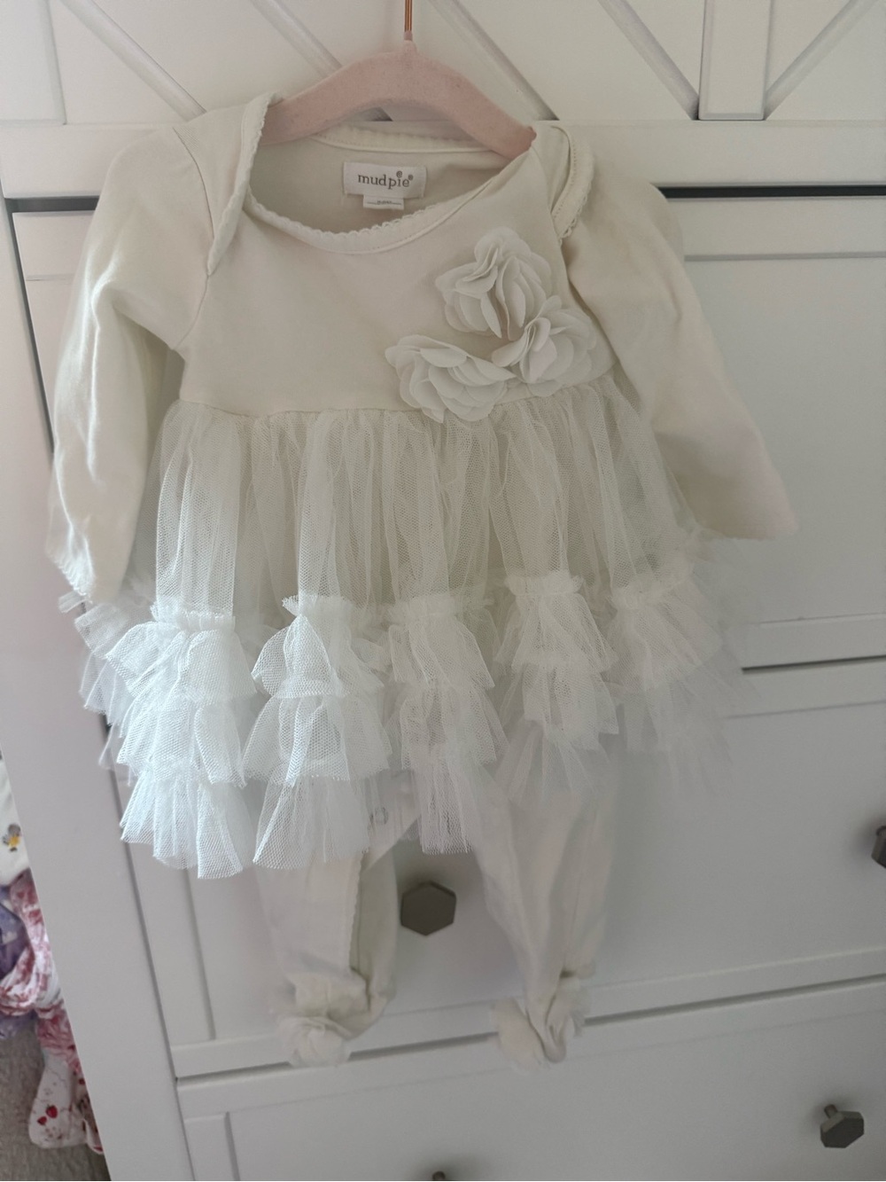 Mud Pie Cream Ruffled Tulle One-Piece with Floral Appliqué